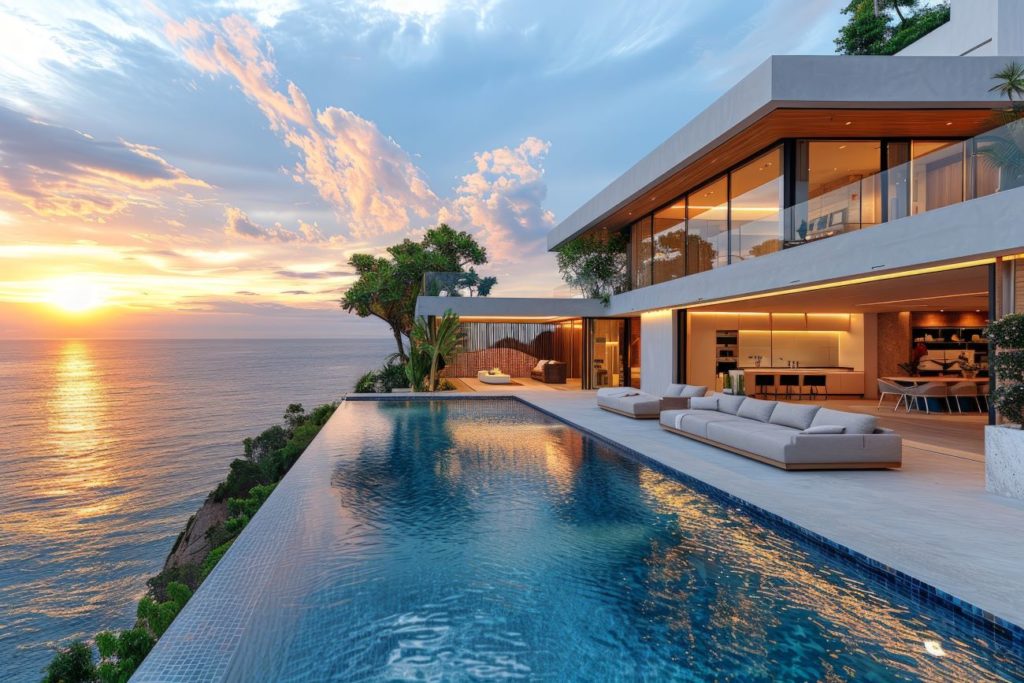 Luxury modern house with infinity pool and outdoor living area by the sea in Miami, belongs to the Beckhams